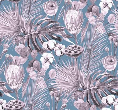 Pattern with dry palm branches with protea and monstera flower and cotton sprigs Stock Illustration