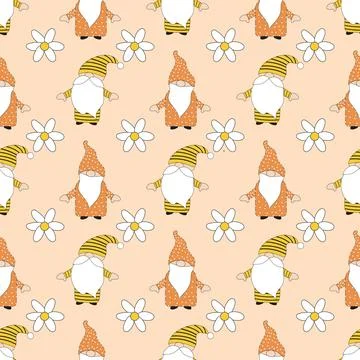 A pattern of a dwarf and a daisy on a beige background Stock Illustration