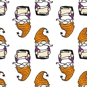 A pattern of a dwarf with a scroll in his hands in a flat style. Seamless dwarf Stock Illustration