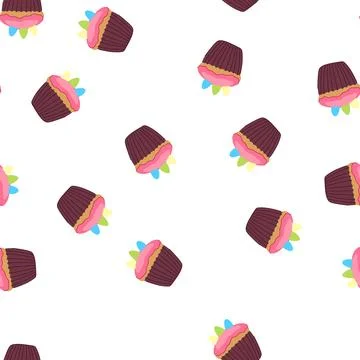 Pattern easter cupcake featuring colored eggs on pink frosting Illustrazione stock