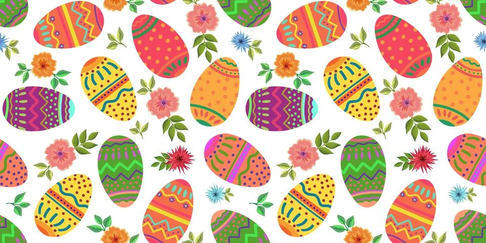 Pattern of easter eggs and flowers on a white background Illustrazione stock