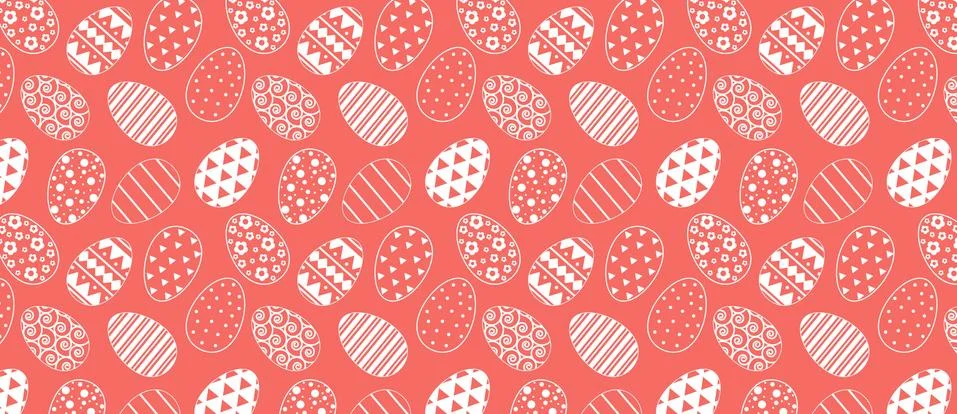 Pattern with easter eggs. White line pattern on coral Stock Illustration
