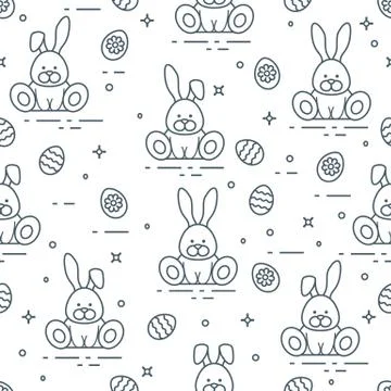 Pattern with Easter rabbits, decorated eggs. Stockillustratie