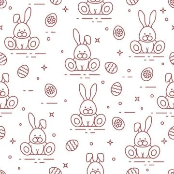 Pattern with Easter rabbits, decorated eggs. Stock Illustration