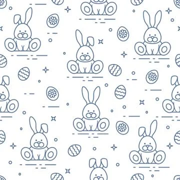 Pattern with Easter rabbits, decorated eggs. Stock Illustration