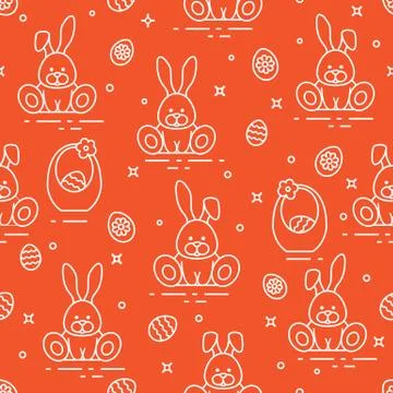 Pattern with Easter rabbits, eggs, baskets. Stock Illustration