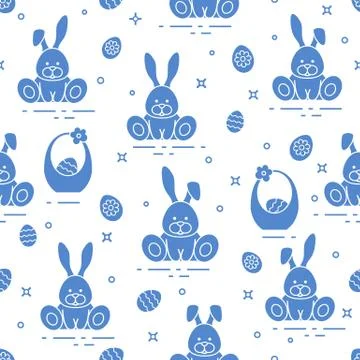 Pattern with Easter rabbits, eggs, baskets. Stock Illustration
