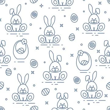 Pattern with Easter rabbits, eggs, baskets. イラスト素材