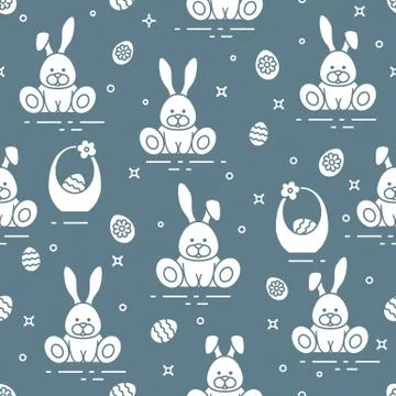 Pattern with Easter rabbits, eggs, baskets. Stock Illustration