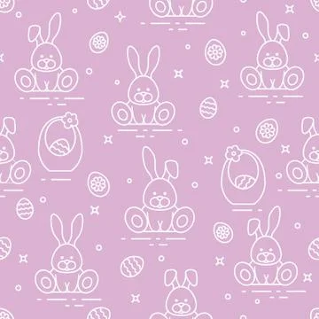 Pattern with Easter rabbits, eggs, baskets. Stockillustratie