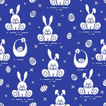 Pattern with Easter rabbits, eggs, baskets. Illustrazione stock