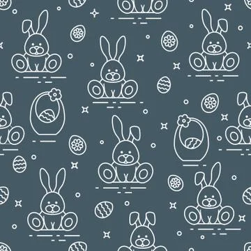 Pattern with Easter rabbits, eggs, baskets. 库存插图