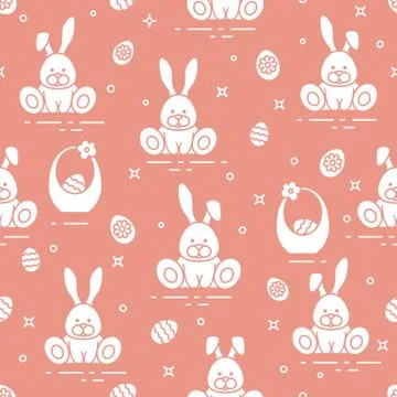 Pattern with Easter rabbits, eggs, baskets. Stock Illustration