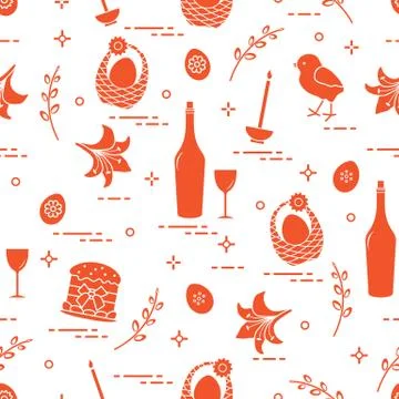 Pattern of Easter symbols: Easter cake, chick, lily, baskets, eggs and other. Stock Illustration