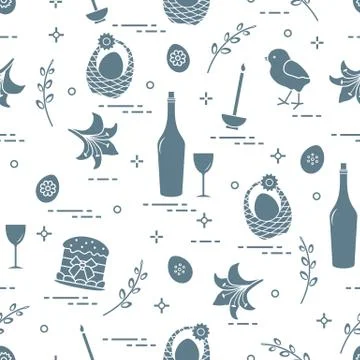 Pattern of Easter symbols: Easter cake, chick, lily, baskets, eggs and other. Stock Illustration
