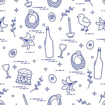 Pattern of Easter symbols: Easter cake, chick, lily, baskets, eggs and other. Stock Illustration
