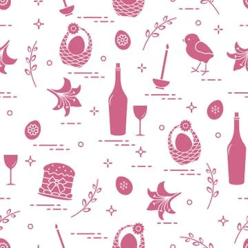 Pattern of Easter symbols: Easter cake, chick, lily, baskets, eggs and other. Stock Illustration