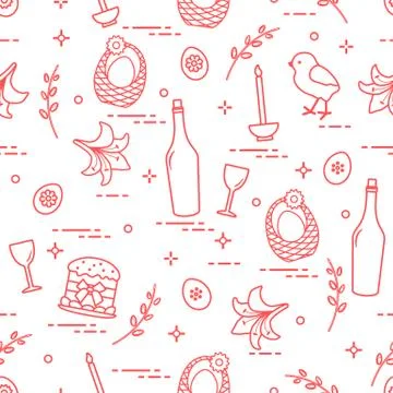 Pattern of Easter symbols: Easter cake, chick, lily, baskets, eggs and other. Stock Illustration