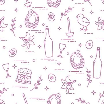 Pattern of Easter symbols: Easter cake, chick, lily, baskets, eggs and other. Stock Illustration