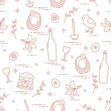 Pattern of Easter symbols: Easter cake, chick, lily, baskets, eggs and other. Stock Illustration