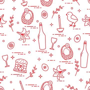 Pattern of Easter symbols: Easter cake, chick, lily, baskets, eggs and other. Illustrazione stock