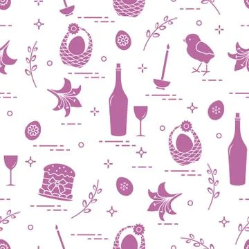 Pattern of Easter symbols: Easter cake, chick, lily, baskets, eggs and other. Stock Illustration