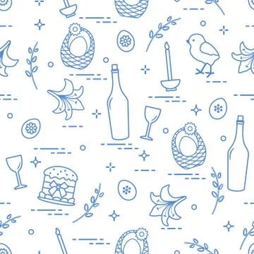 Pattern of Easter symbols: Easter cake, chick, lily, baskets, eggs and other. Illustrazione stock