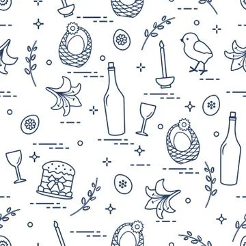 Pattern of Easter symbols: Easter cake, chick, lily, baskets, eggs and other. Stockillustratie