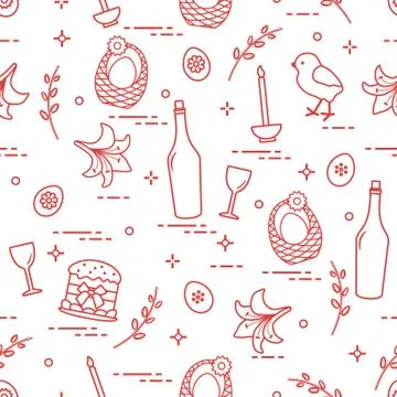 Pattern of Easter symbols: Easter cake, chick, lily, baskets, eggs and other. Stock Illustration