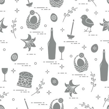 Pattern of Easter symbols: Easter cake, chick, lily, baskets, eggs and other. 스톡 일러스트