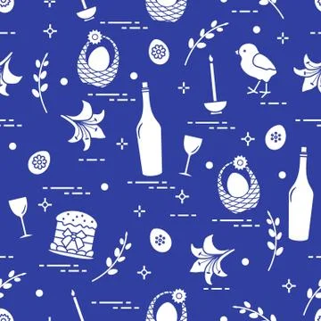 Pattern of Easter symbols: Easter cake, chick, lily, baskets, eggs and other. Stock Illustration