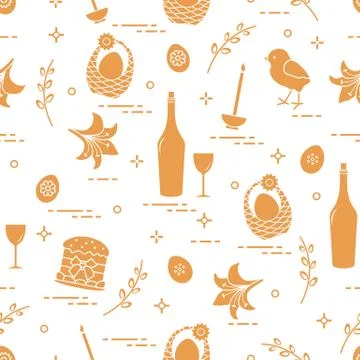 Pattern of Easter symbols: Easter cake, chick, lily, baskets, eggs and other. 스톡 일러스트