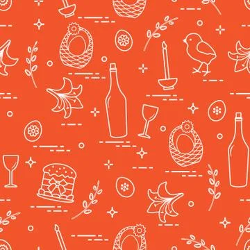 Pattern of Easter symbols: Easter cake, chick, lily, baskets, eggs and other. 스톡 일러스트