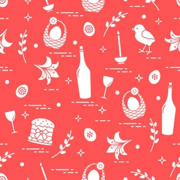 Pattern of Easter symbols: Easter cake, chick, lily, baskets, eggs and other. 스톡 일러스트