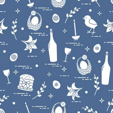 Pattern of Easter symbols: Easter cake, chick, lily, baskets, eggs and other. Stockillustratie