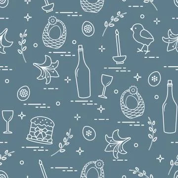 Pattern of Easter symbols: Easter cake, chick, lily, baskets, eggs and other. 스톡 일러스트