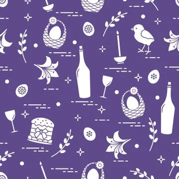 Pattern of Easter symbols: Easter cake, chick, lily, baskets, eggs and other. イラスト素材