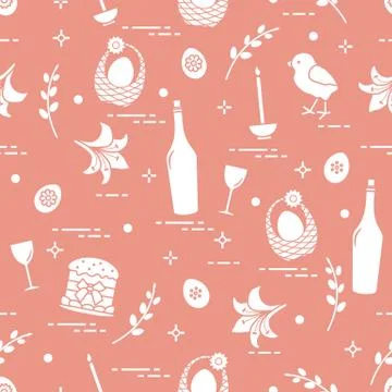 Pattern of Easter symbols: Easter cake, chick, lily, baskets, eggs and other. 스톡 일러스트