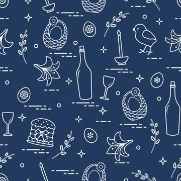 Pattern of Easter symbols: Easter cake, chick, lily, baskets, eggs and other. 스톡 일러스트