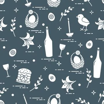 Pattern of Easter symbols: Easter cake, chick, lily, baskets, eggs and other. Stock Illustration
