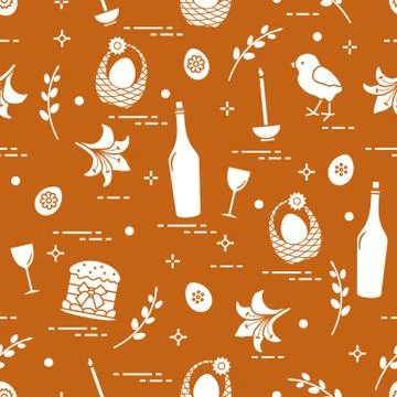 Pattern of Easter symbols: Easter cake, chick, lily, baskets, eggs and other. 스톡 일러스트
