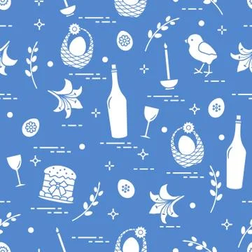Pattern of Easter symbols: Easter cake, chick, lily, baskets, eggs and other. Stock Illustration