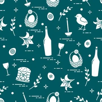 Pattern of Easter symbols: Easter cake, chick, lily, baskets, eggs and other. イラスト素材
