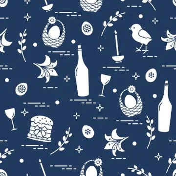 Pattern of Easter symbols: Easter cake, chick, lily, baskets, eggs and other. Illustrazione stock