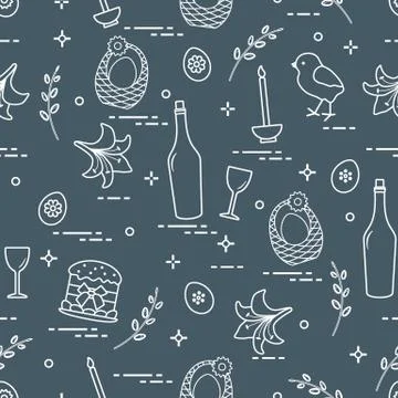 Pattern of Easter symbols: Easter cake, chick, lily, baskets, eggs and other. 스톡 일러스트