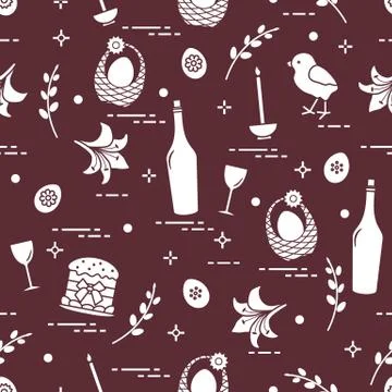 Pattern of Easter symbols: Easter cake, chick, lily, baskets, eggs and other. 스톡 일러스트