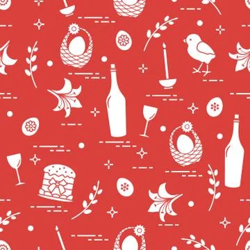 Pattern of Easter symbols: Easter cake, chick, lily, baskets, eggs and other. Stock Illustration