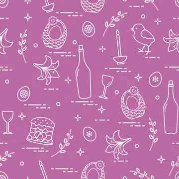 Pattern of Easter symbols: Easter cake, chick, lily, baskets, eggs and other. 스톡 일러스트