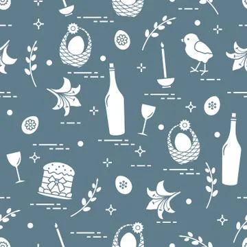 Pattern of Easter symbols: Easter cake, chick, lily, baskets, eggs and other. Stock Illustration