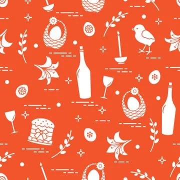 Pattern of Easter symbols: Easter cake, chick, lily, baskets, eggs and other. Stockillustratie